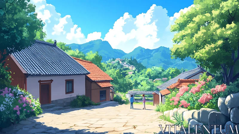 Sunlit mountain village lane shimmers with summer calm