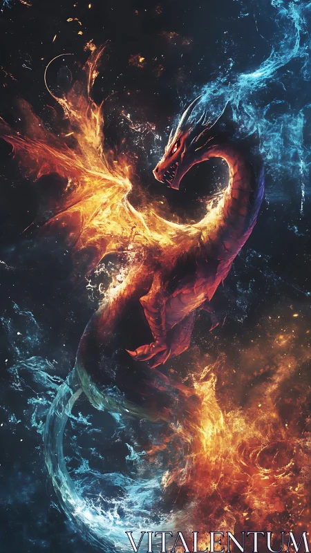 Elemental dragon coils in balanced fire and water energy arcs