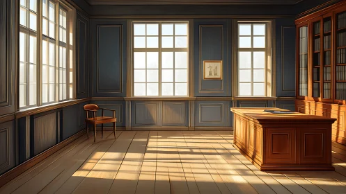 Sunlit paneled study with classic wooden desk and chair.