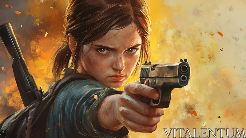 Fierce survivor aiming pistol amid blazing backdrop.