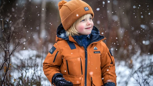 Young Child Winter Portrait: Camel Beanie, Orange Technical Jacket.