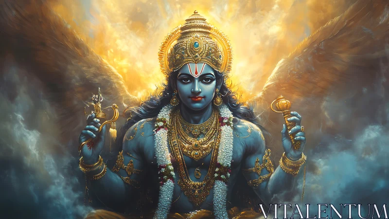Blue-skinned four-armed deity amid clouds and light.