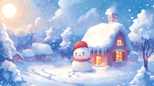 Snow-covered cottage landscape with glowing windows at dusk