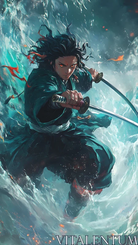 Storm-lashed dual katana warrior amid dynamic ocean vortex