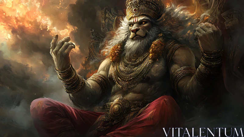 Anthropomorphic lion-headed deity seated amid storm clouds