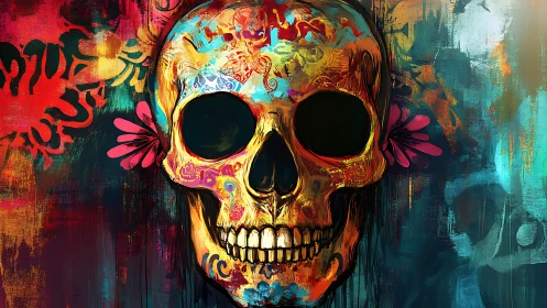 Color-saturated sugar skull on vivid abstract background.
