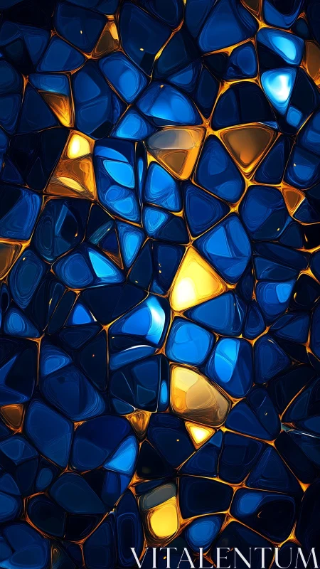 Digital stained glass mosaic with luminous blue-gold tesserae.