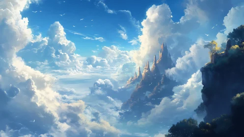 Sky kingdom rising through radiant sunlit clouds.