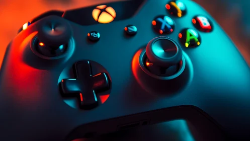 Gaming controller bathed in vibrant neon lighting effects.