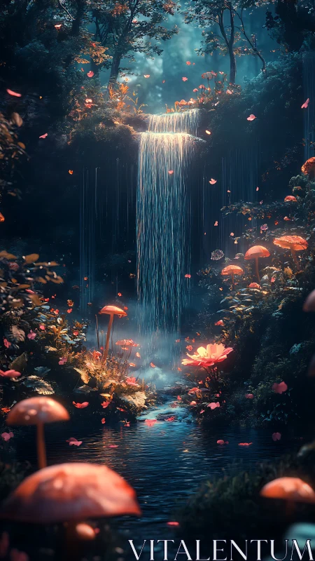 Enchanted forest waterfall glows softly with dreamy flower light