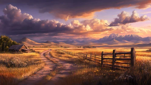 Golden country road winds through sunset prairie fields.