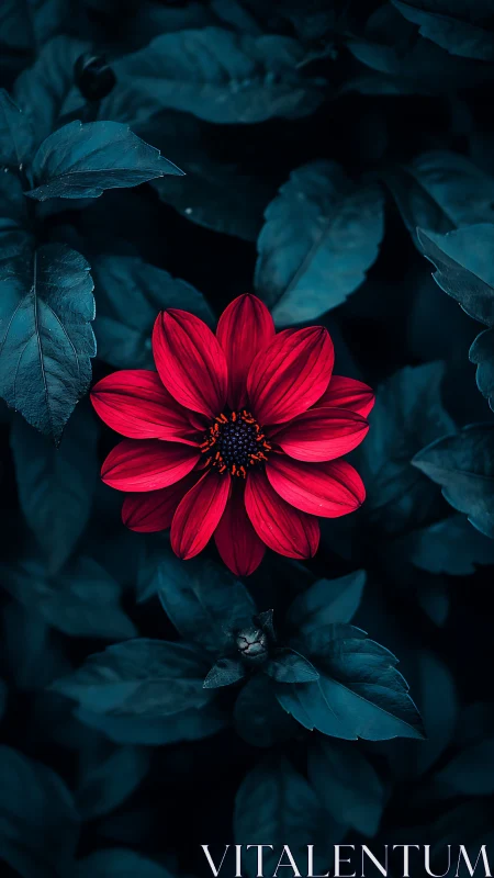 Vivid Red Dahlia Blooms Against Teal Foliage