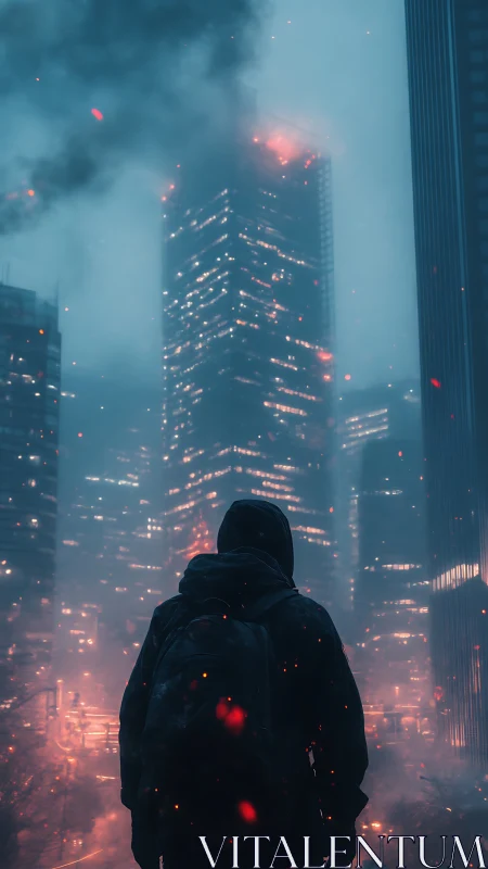 Lone hooded figure faces burning skyscrapers in smoky city.