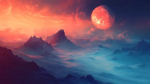 Alien mountains under red planet and glowing sky at dusk.