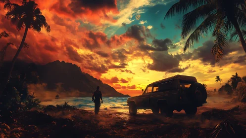 Coastal shoreline with off-road vehicle at vivid sunset.