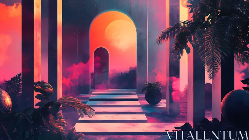 Neon portal courtyard under surreal twin moons glow.