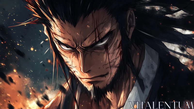 Battle-scarred warrior portrait in dramatic ember lighting