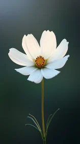 White Cosmos Flower with Golden Center Against Dark Backdrop.