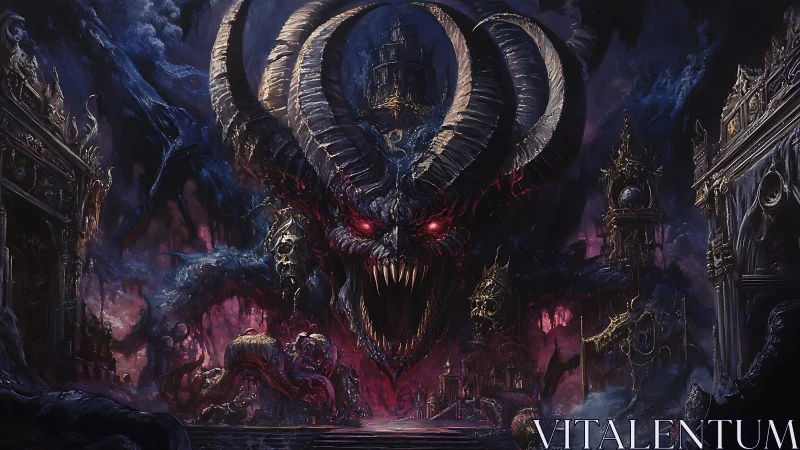 Towering horned demon guards a dark, haunted underworld.