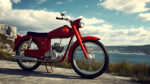 Crimson vintage motorbike poised above sunlit coastal cliffs.