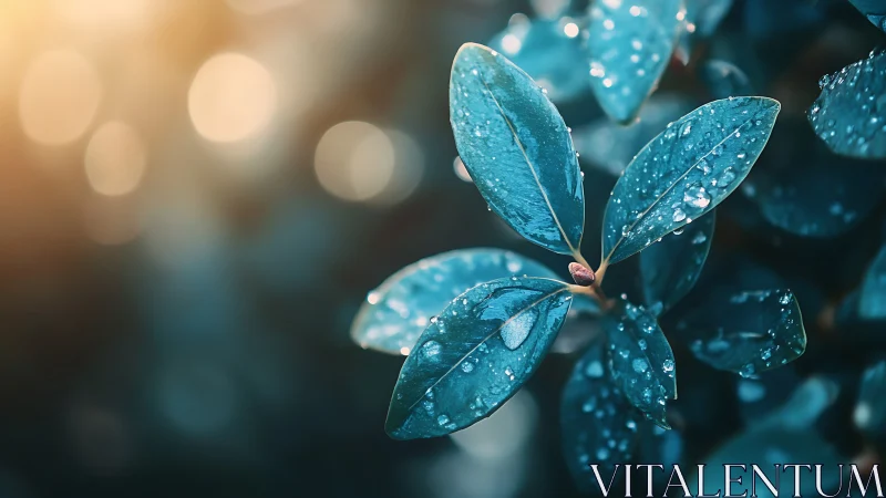 Wet green leaves hold water droplets in soft morning light