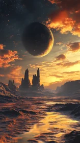 Glowing alien horizon welcomes a tranquil double-sunset sky