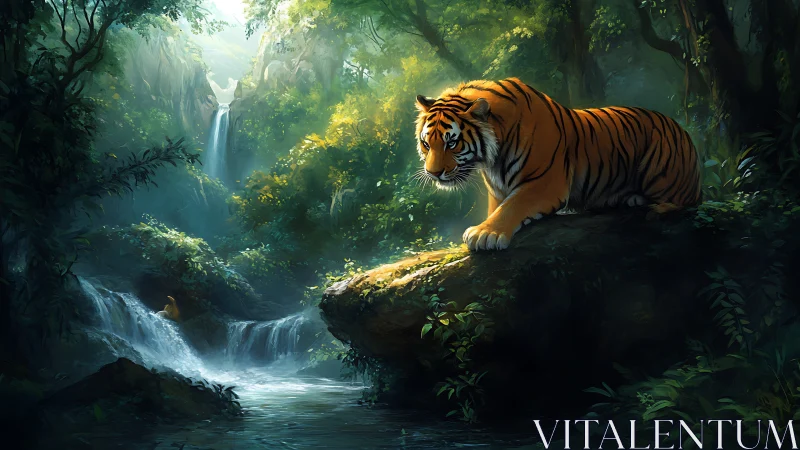 Sunlit tiger poised above misty jungle waterfall pool.