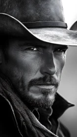 Weathered gunslinger gazes ahead in stark monochrome portrait.