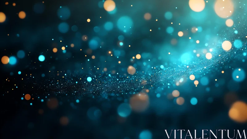 Abstract glowing bokeh lights with blue and gold tones, digital art.