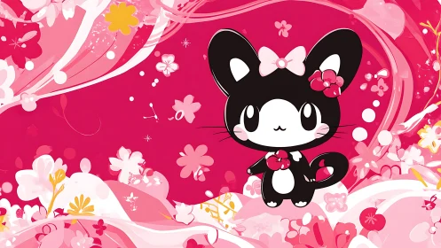 Playful black kitten smiles in a pink floral wonderland