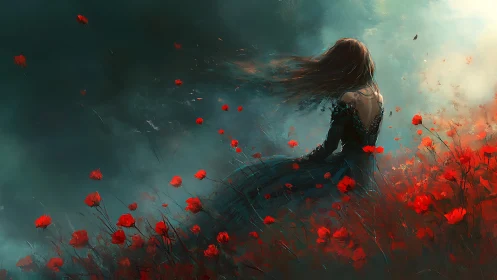 Solitary woman in dark gown amid windblown red poppy field