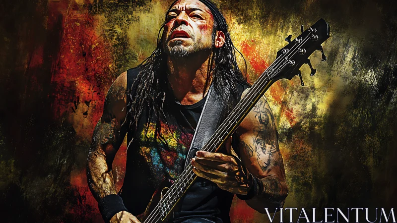 Tattooed rock bassist in mid-performance against abstract fire