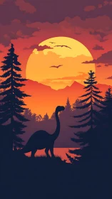 Gentle dinosaur wanders beneath a glowing prehistoric sunset