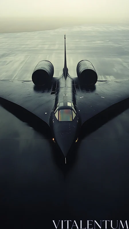 Stealth reconnaissance jet waits on a misty reflective runway