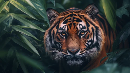 Tiger stares forward while framed tightly by dense foliage