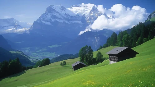 Photorealistic alpine valley with chalets and glacial massif backdrop.