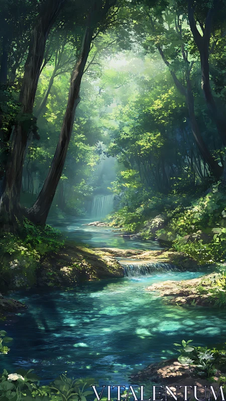 Misty Forest Stream with Waterfalls and Lush Canopy.