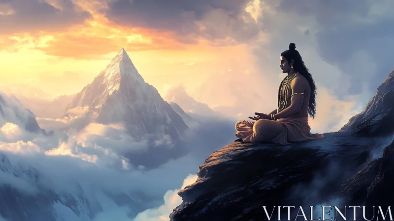 Figure in seated pose on cliff above clouded mountain range.