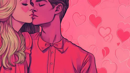 Romantic Moment Illustrated with Pink Heart Backdrop