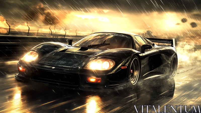 Midnight supercar sprinting through cinematic storm rain.