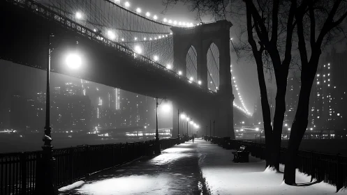 Snow covered riverside path under illuminated suspension bridge.