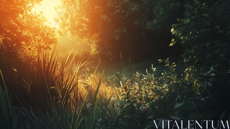 Sunlit wild meadow with cinematic volumetric backlight glow.