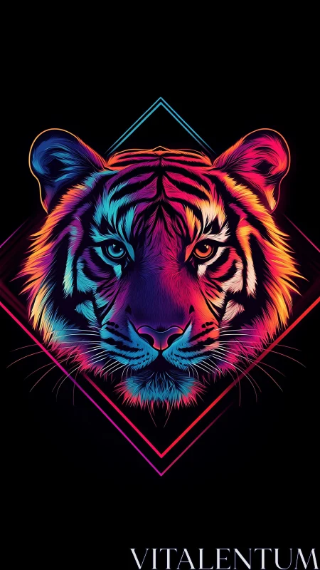 Neon tiger portrait with dual-tone eyes on black background.