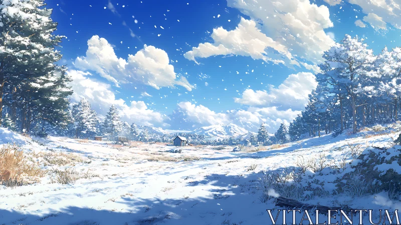 High‑latitude winter meadow with alpine horizon and drifting snowfield.