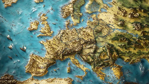 Textured 3D relief map of Europe with stylized coastlines and seas.