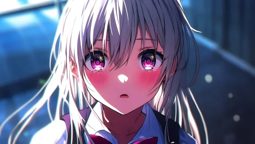 Shy schoolgirl bathed in sunset light with sparkling eyes.