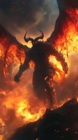 Infernal winged demon rises through volcanic firestorm.