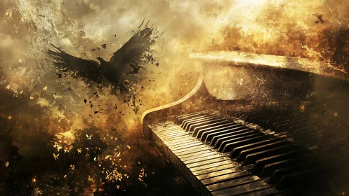 Dark bird silhouette dissolves beside worn piano keys
