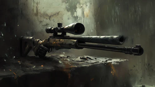 Sniper Rifle with Scope on Weathered Surface.