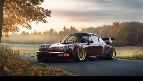 Widebody classic sports coupe on autumn country roadside at dusk